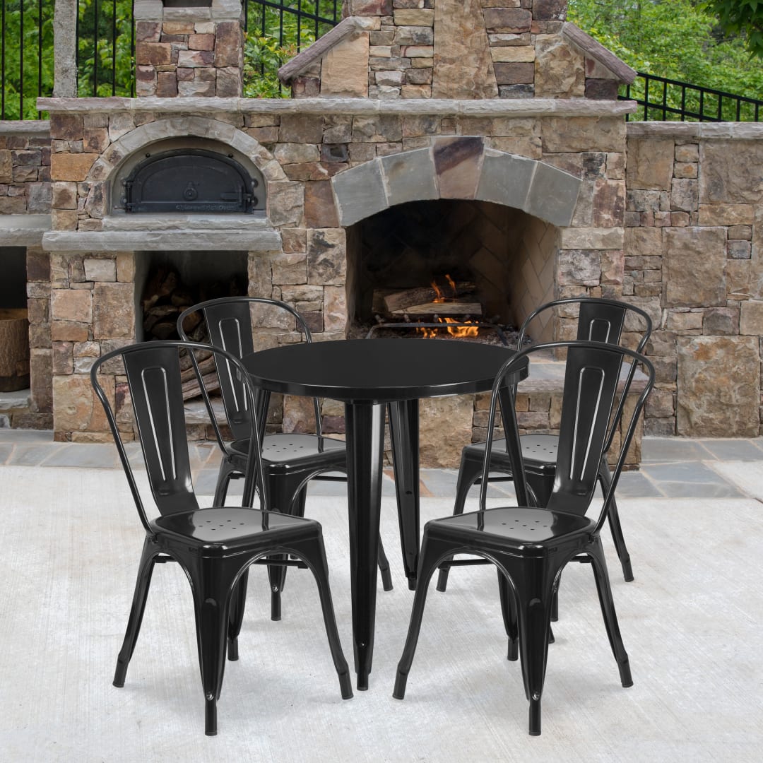 Dalton Commercial Grade 30" Round Black Metal Indoor-Outdoor Table Set with 4 Cafe Chairs