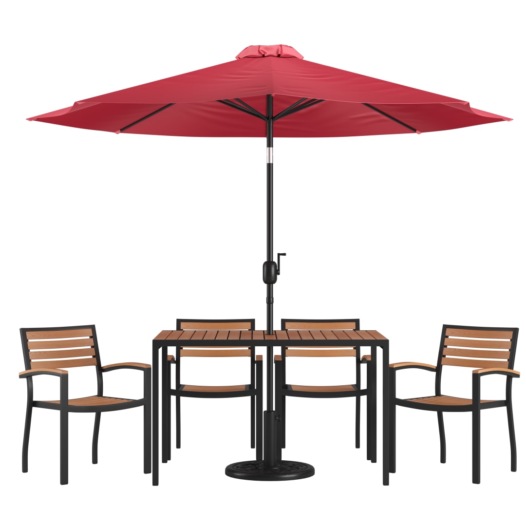 Lark 7 Piece Outdoor Patio Dining Table Set with 4 Synthetic Teak Stackable Chairs, 30" x 48" Table, Red Umbrella & Base