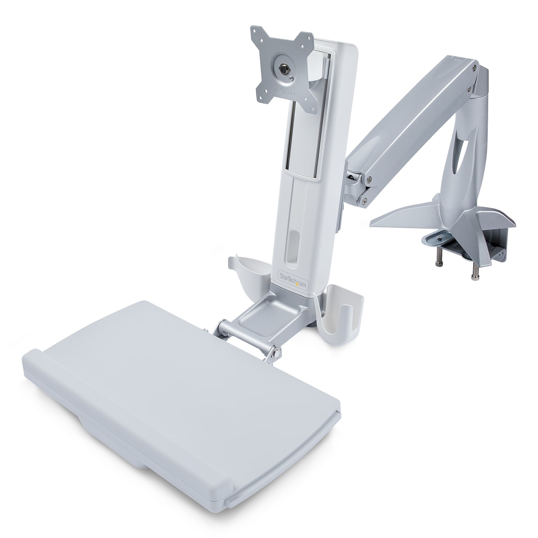 Sit Stand Monitor Arm - Silver Desk Mount Adjustable Sit-Sta