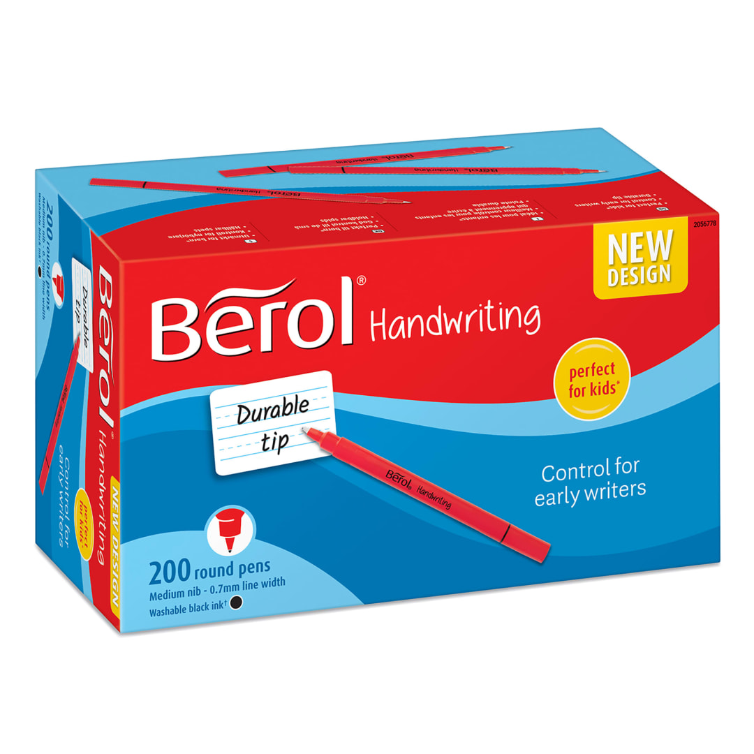 Berol Handwriting Pens | Round Shape | Washable Black Ink | Bright Barrels | Class Pack of 200