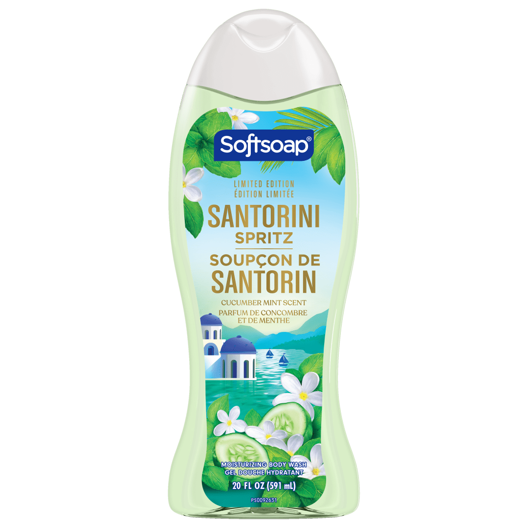 Gel douche hydratant Santorini Spritz en édition limitée de Softsoap, pH équilibré, sans parabène, nettoyant pour le corps et gel douche, parfum Concombre et Menthe, flacon de 591 ml