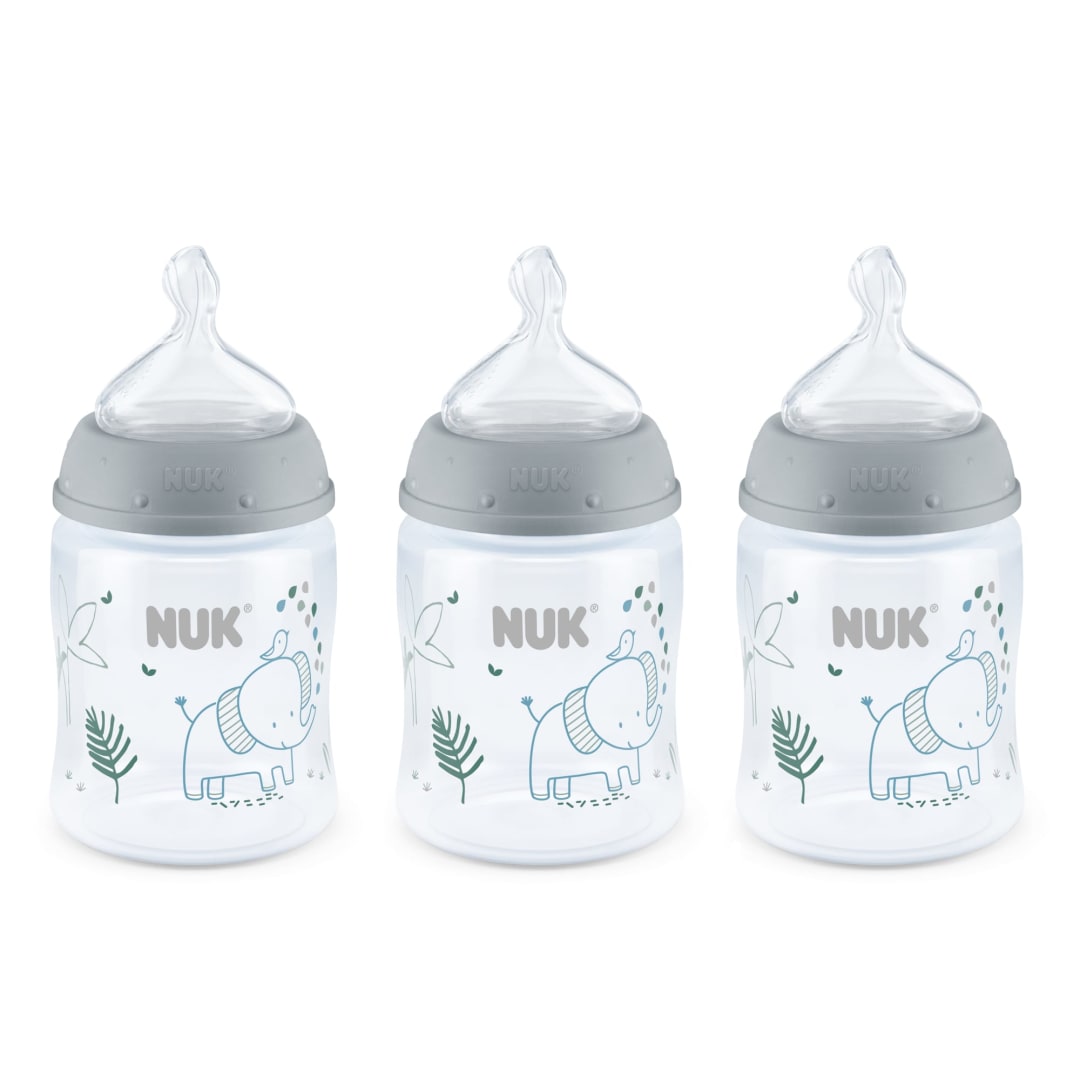 NUK® Smooth Flow Anti-Colic Baby Bottle, 5 oz (150 mL), Grey Elephant, 3 Pack