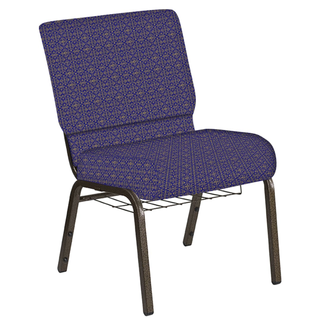 Embroidered 21''W Church Chair in Abbey Jazz Fabric with Book Rack - Gold Vein Frame