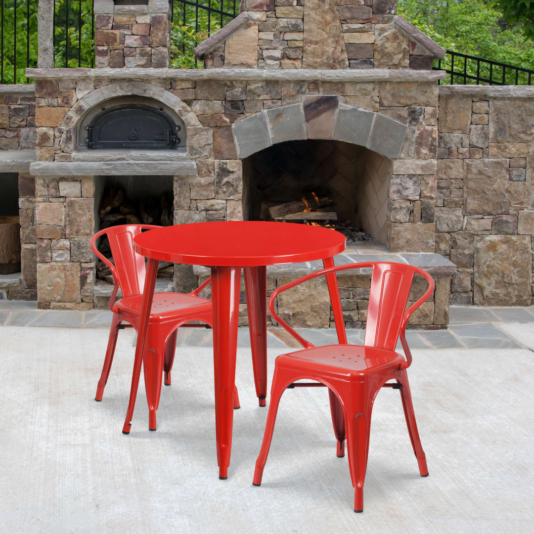 Conrad  Commercial Grade 30" Round Red Metal Indoor-Outdoor Table Set with 2 Arm Chairs
