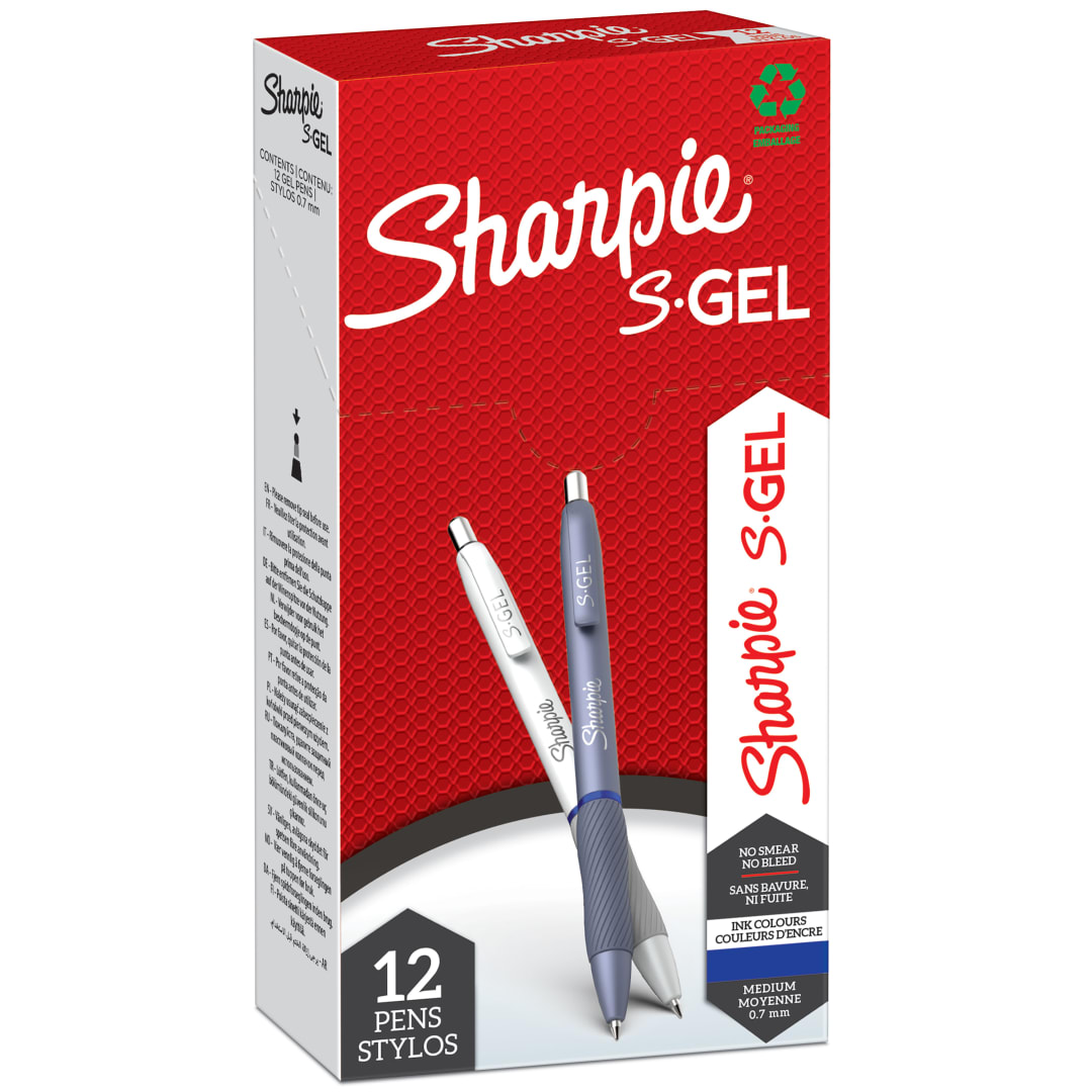 Sharpie S-Gel | Bolígrafos de gel | Punta mediana (0,7 mm) | Cuerpos azul hielo y blanco perla | Tinta azul | 12 unidades