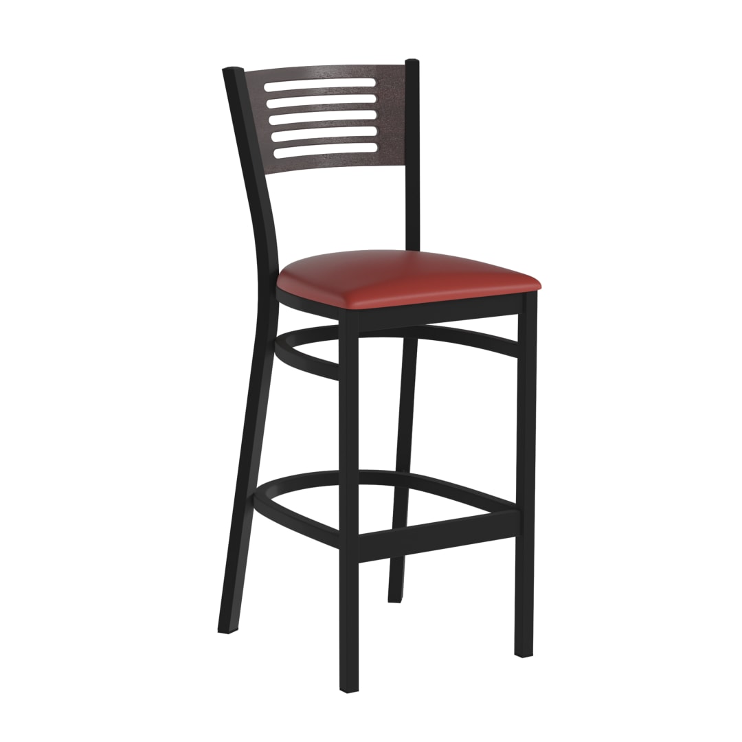 HERCULES Black Slat Back Metal Restaurant Barstool - Walnut Wood Back, Red Vinyl Seat