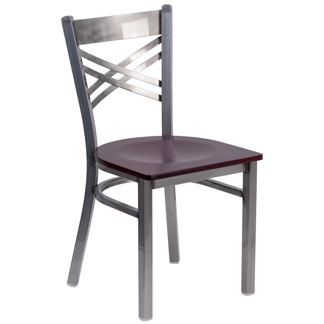 HERCULES Series Silver Antique Finish with Clear Coat ''X'' Back Metal Restaurant Chair - Mahogany Wood Seat