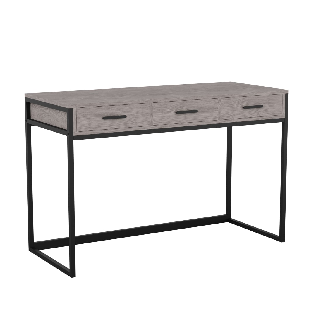 Ollie Home Office Desk with 3 Drawers in Gray Wood Grain with Oil Rubbed Bronze Hardware