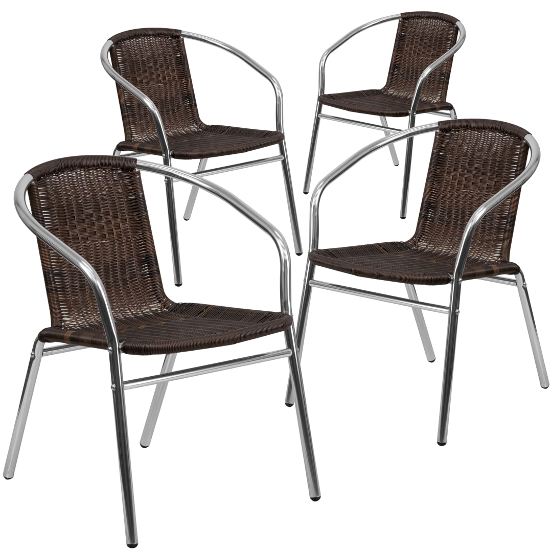 Lila 4 Pack Commercial Aluminum and Dark Brown Rattan Indoor-Outdoor Restaurant Stack Chair