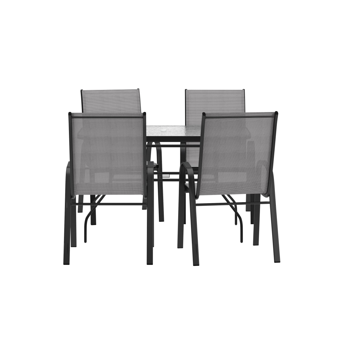 Brazos 5 Piece Commercial Grade Patio Dining Set with Tempered Glass Patio Table with 4 Chairs with Gray Flex Comfort Material Seats and Backs