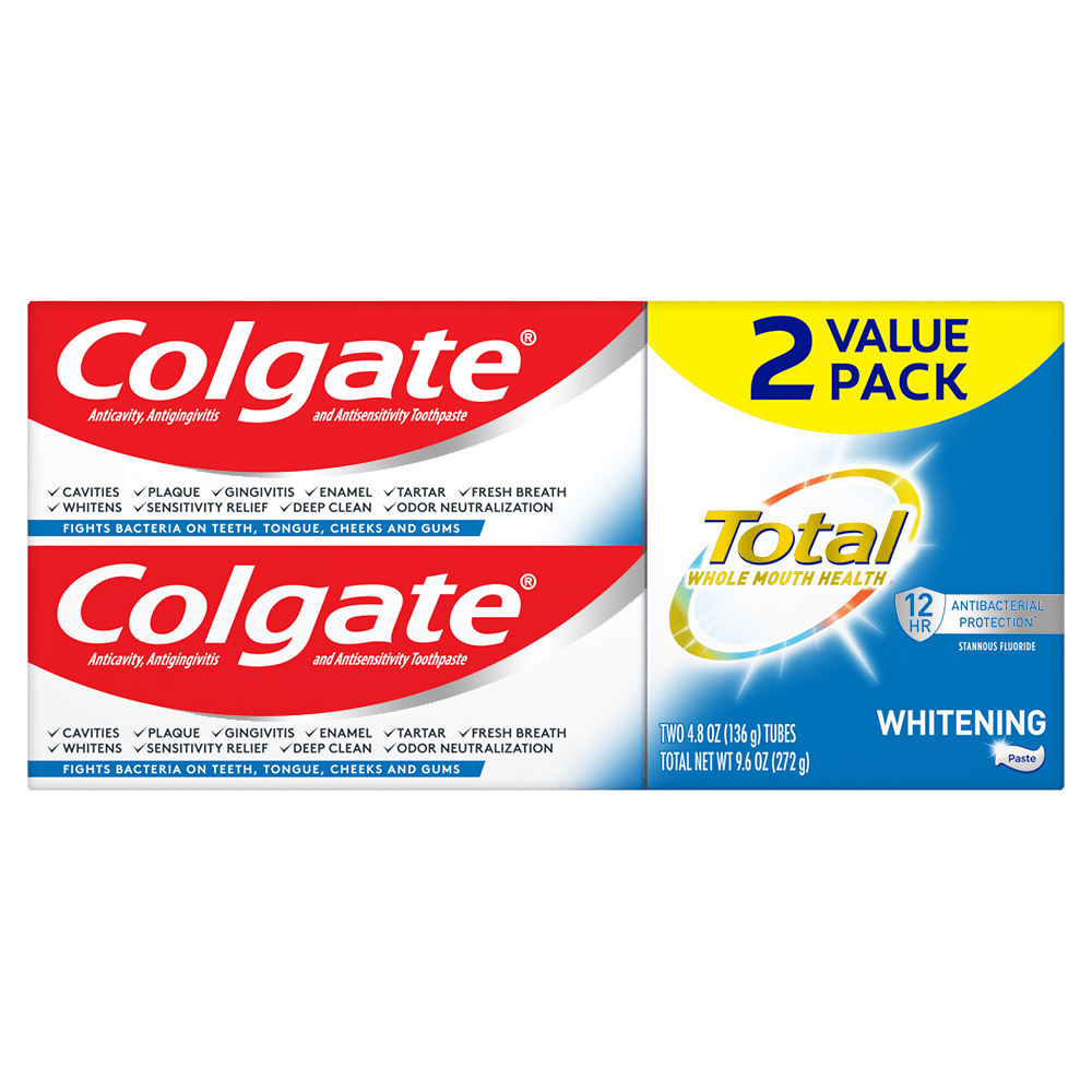 Colgate Total Teeth Whitening Toothpaste, Mint Toothpaste, 4.8 oz Tube, 2 Pack