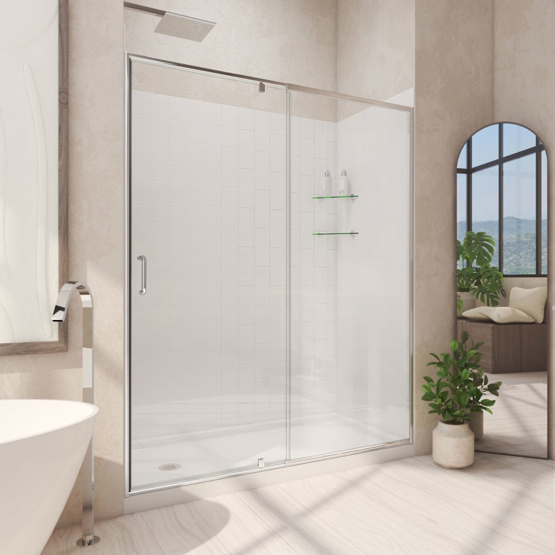 DreamLine Flex 32 inch D x 60 inch W x 76 3/4 inch H Semi-Frameless Pivot Shower Door in Chrome, Left Drain Shower Base, and Wall Kit in White