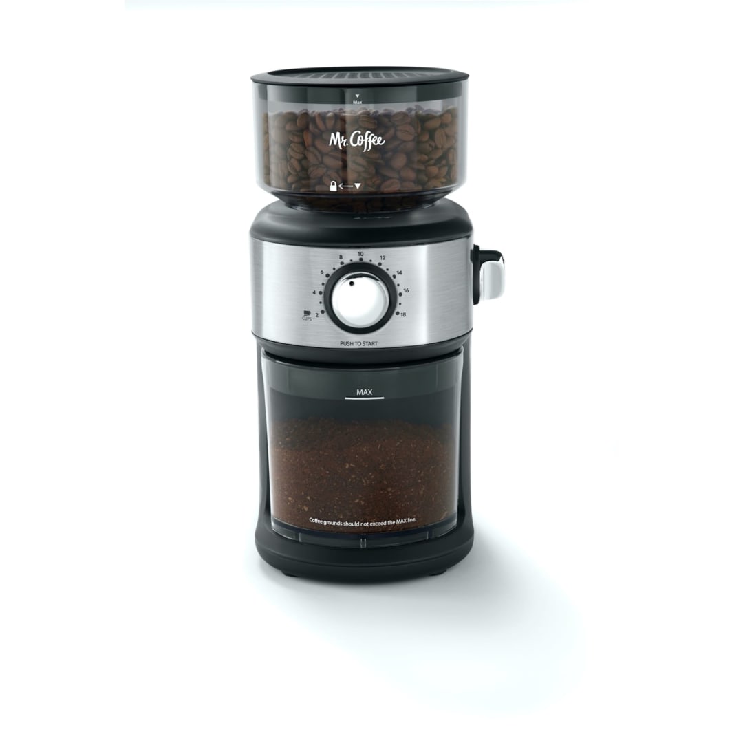 Mr. Coffee® Cafe Grind 18 Cup Automatic Burr Grinder with Removable Bean Hopper and Grind Chamber | Stainless Steel