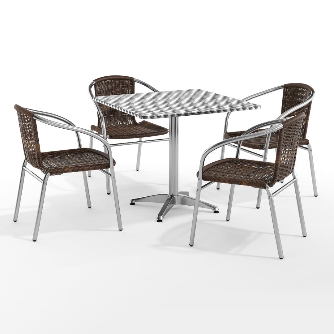 Lila 31.5'' Square Aluminum Indoor-Outdoor Table Set with 4 Dark Brown Rattan Chairs