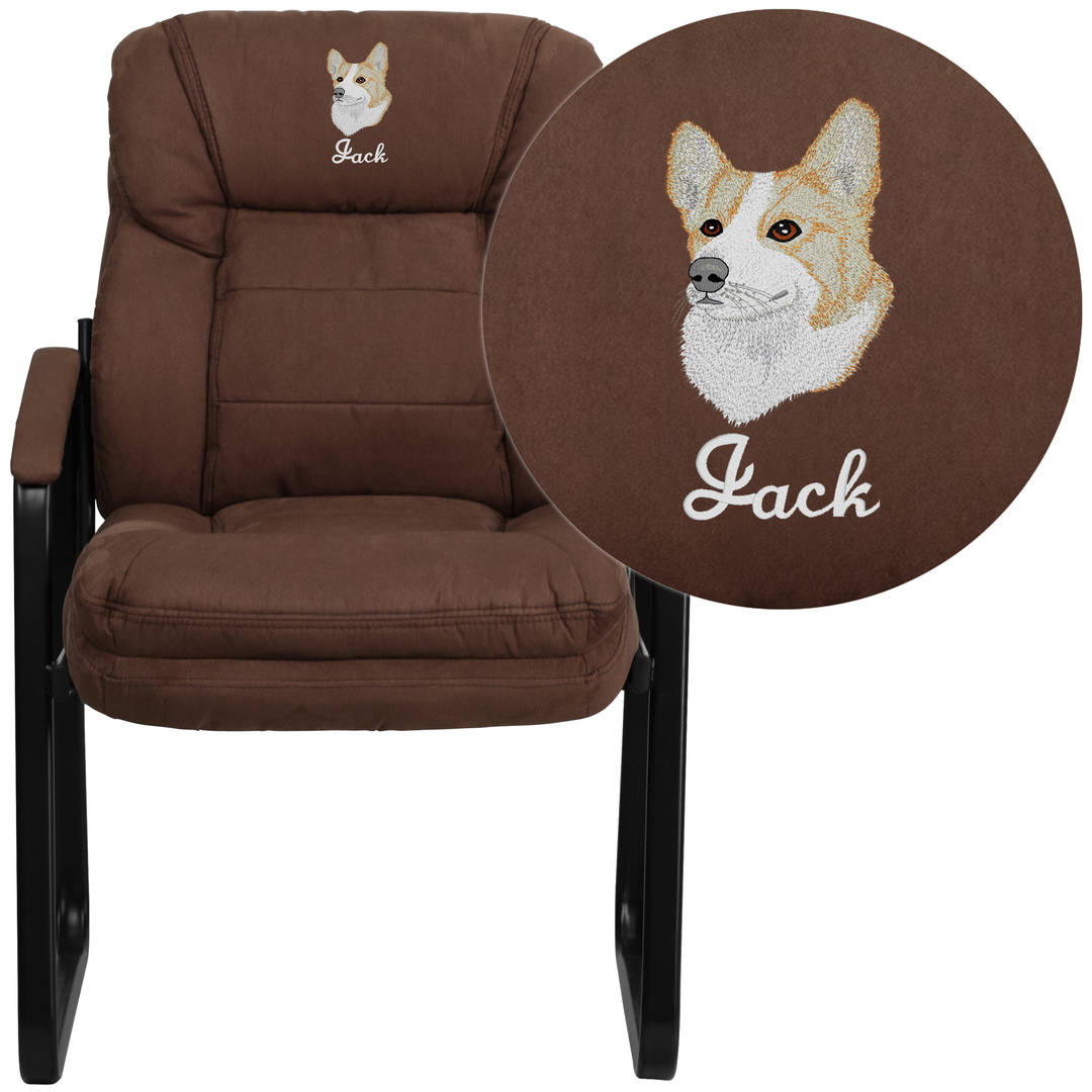 Isla Embroidered Brown Microfiber Executive Side Reception Chair with Lumbar Support and Sled Base