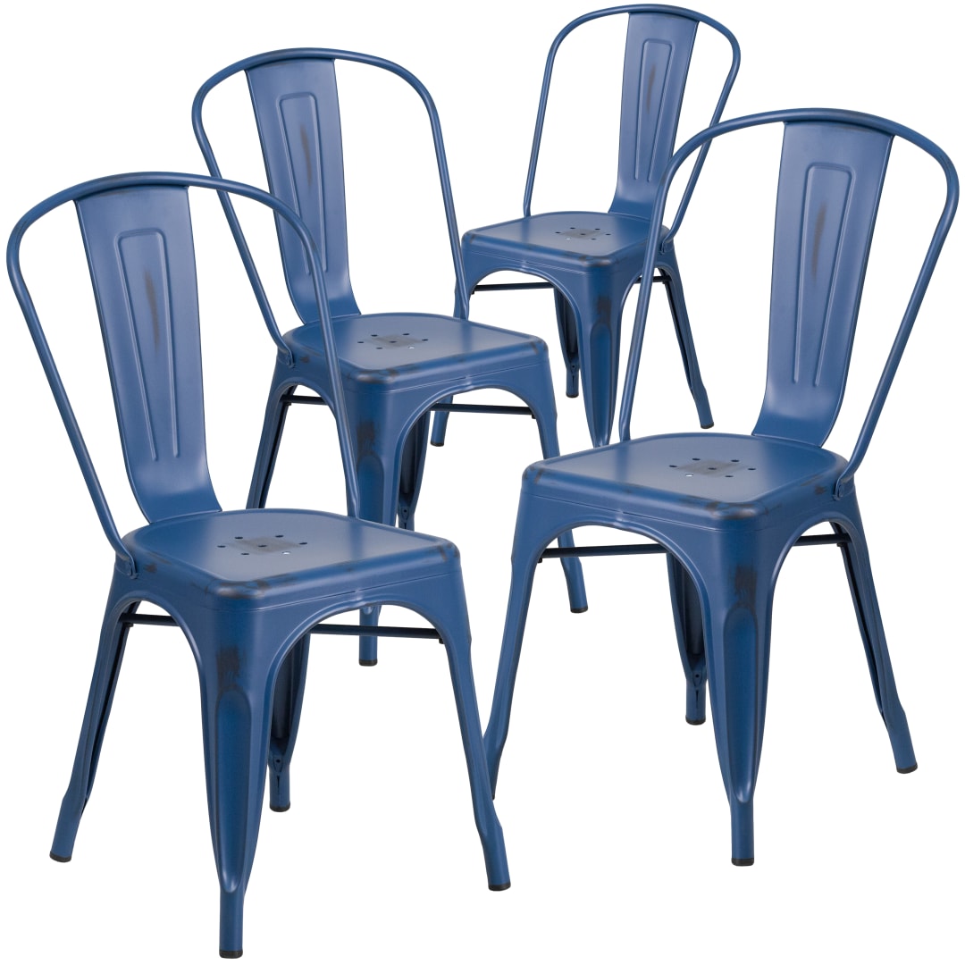 Blake Commercial Grade 4 Pack Distressed Antique Blue Metal Indoor-Outdoor Stackable Chair
