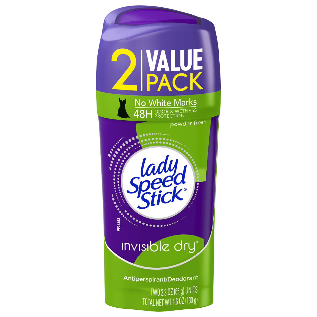 Lady Speed Stick Antiperspirant Deodorant for Women, 72 HR Sweat & Odor Protection, Invisible Dry, Powder Fresh Scent, 2.3 oz Stick (2 Pack)