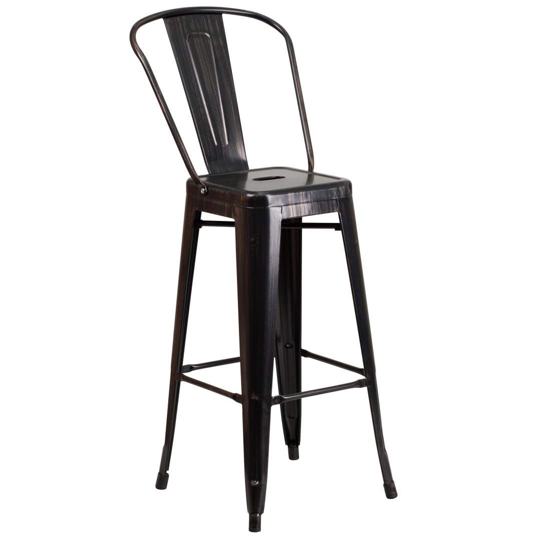 Kai Commercial Grade 30" High Black-Antique Gold Metal Indoor-Outdoor Barstool with Removable Back