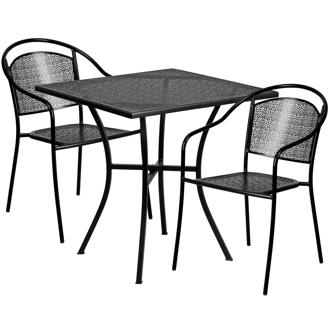 Oia Commercial Grade 28" Square Black Indoor-Outdoor Steel Patio Table Set with 2 Round Back Chairs