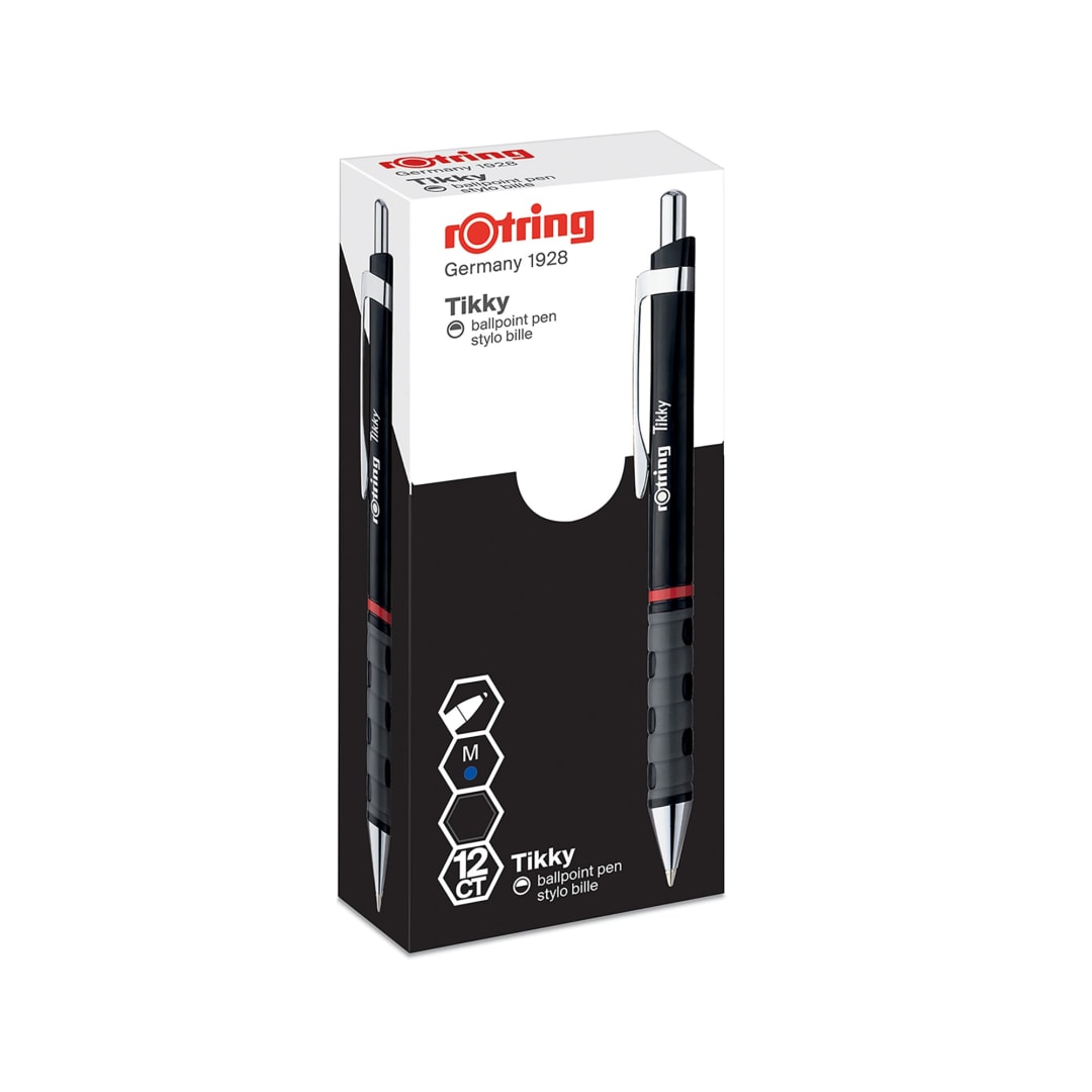 rOtring Tikky Ballpoint Pens | Blue Ink | Medium Point (1.0mm) | Black Barrel | Lightweight with Rubberised Grip | Box of 12