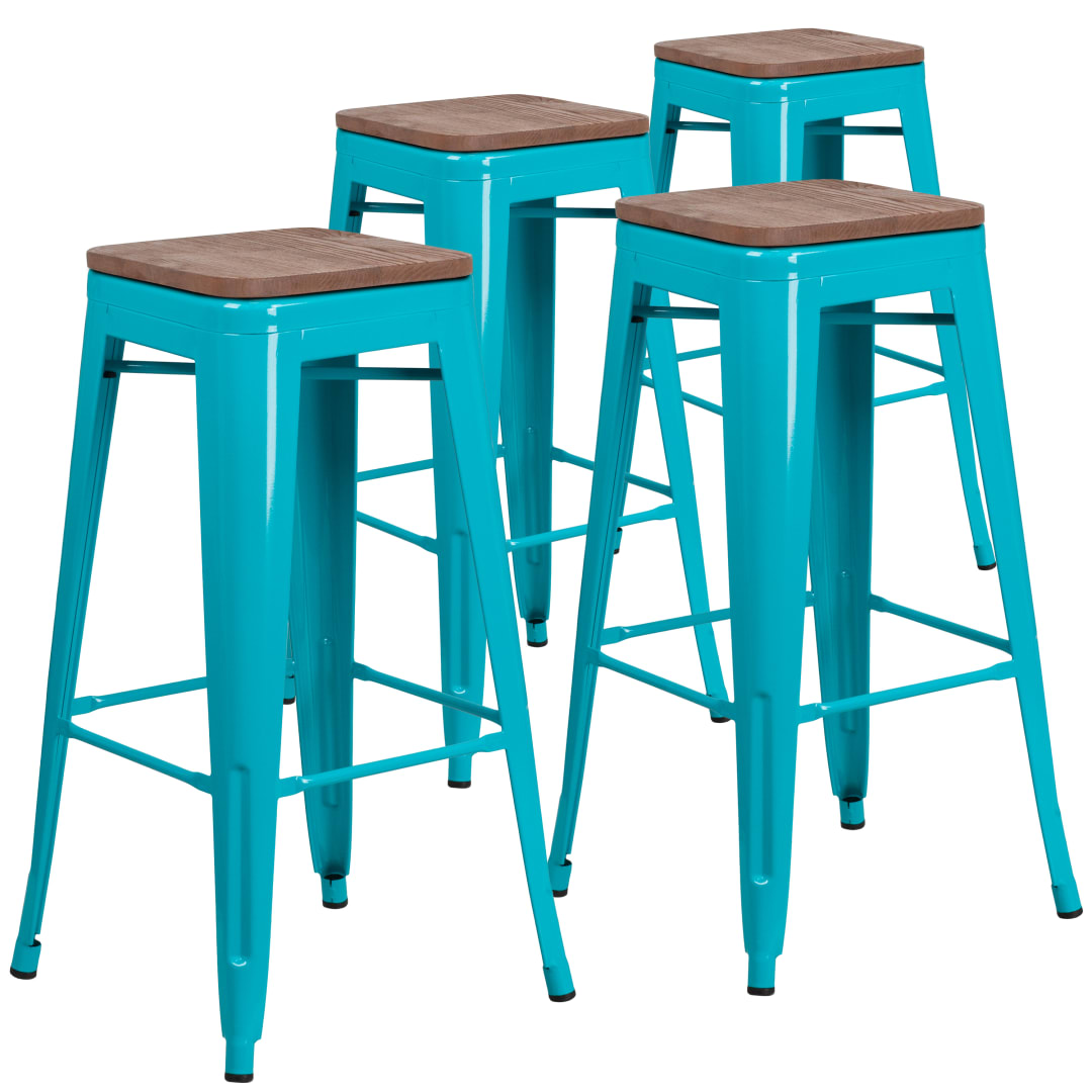 Shania 4 Pk. 30" High Backless Crystal Teal-Blue Barstool with Square Wood Seat
