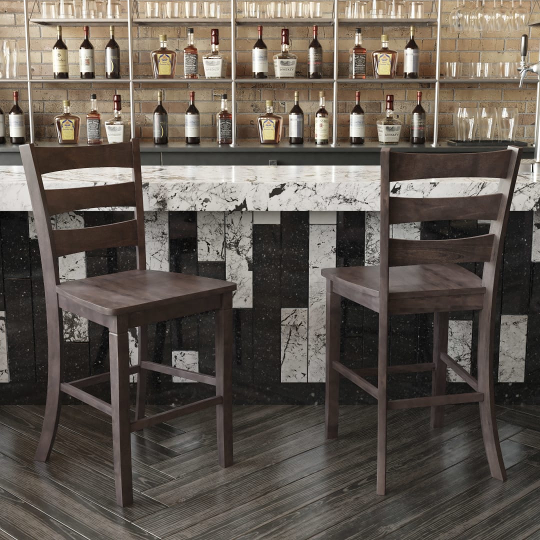 Liesel Set of 2 Commercial Grade Wooden Classic Ladderback Counter Height Barstool with Solid Wood Seat, Gray Wash Walnut