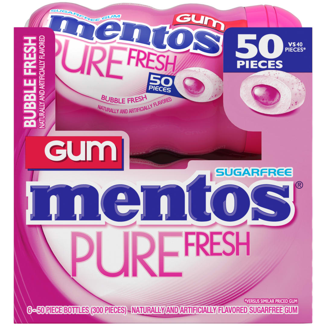 Mentos Gum Pure Fresh Sugar Free Chewing Gum Bubble Fresh 50 pc Curvy Bottles - 6 Pack