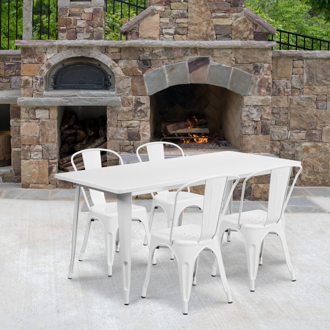 Darcy Commercial Grade 31.5" x 63" Rectangular White Metal Indoor-Outdoor Table Set with 4 Stack Chairs