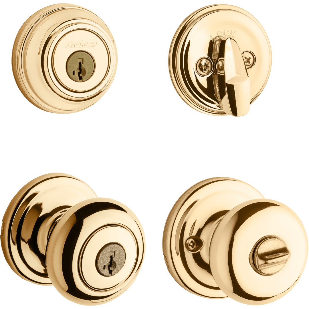 991 Juno Keyed Entry Knob and Single Cylinder Deadbolt Combo Pack featuring SmartKey Security™ in Polished Brass