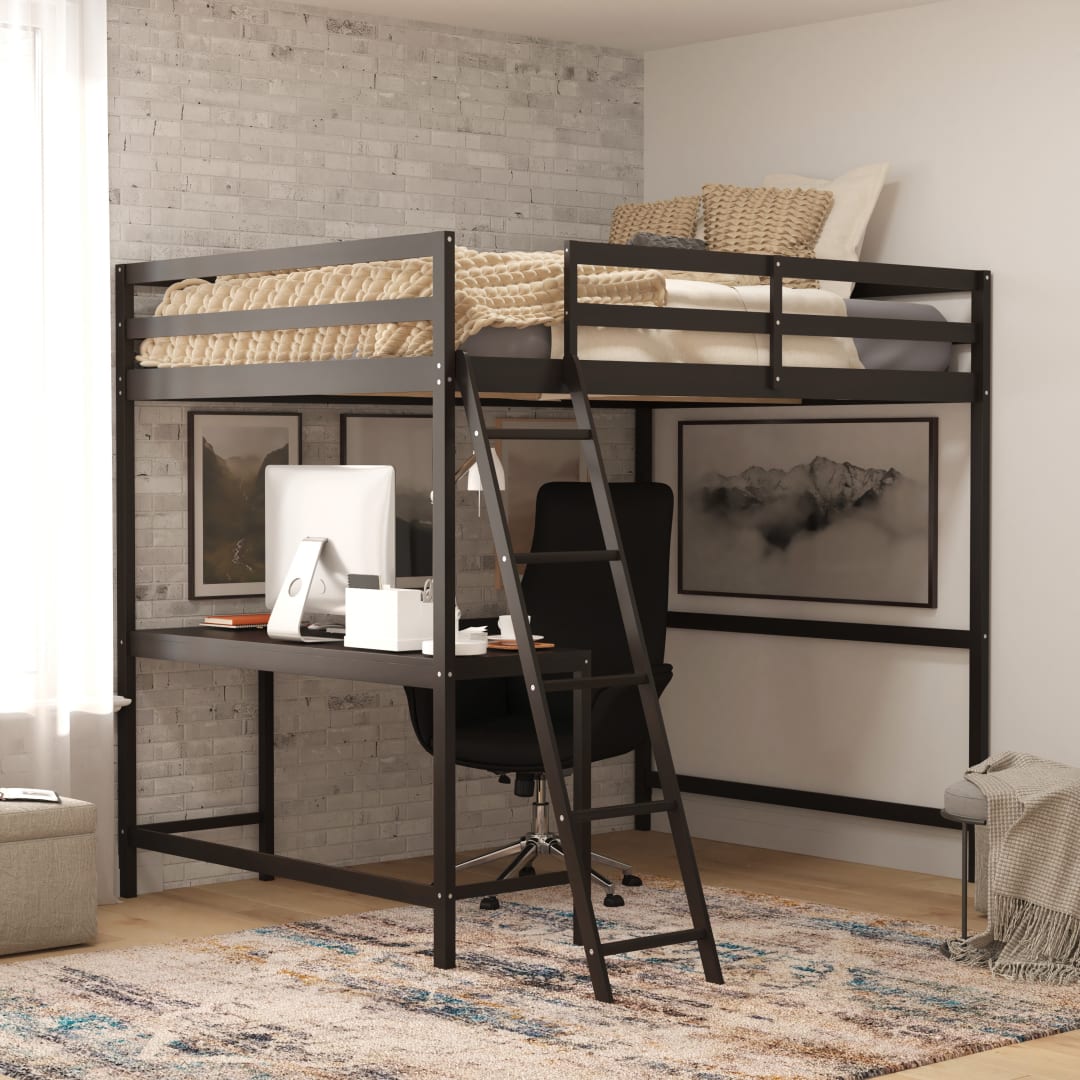 Riley Loft Bed Frame with Desk, Full Size Wooden Bed Frame with Protective Guard Rails &amp; Ladder for Kids and Teens - Espresso