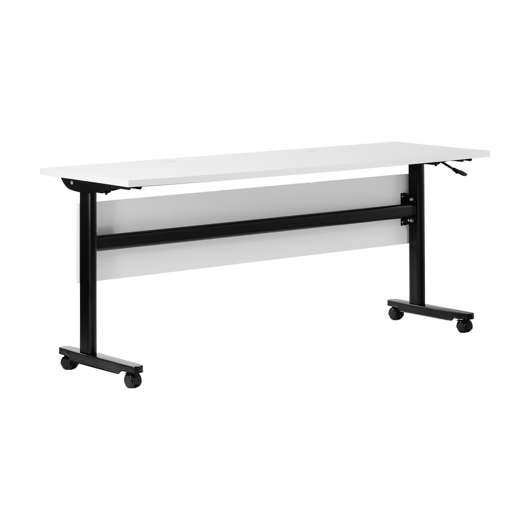Palmer Commercial Grade 72" x 24" Heavy-Duty Nesting Flip Training Table with T-Legs, Modesty Panel, 1" Thick White Tabletop, and Black Steel Frame