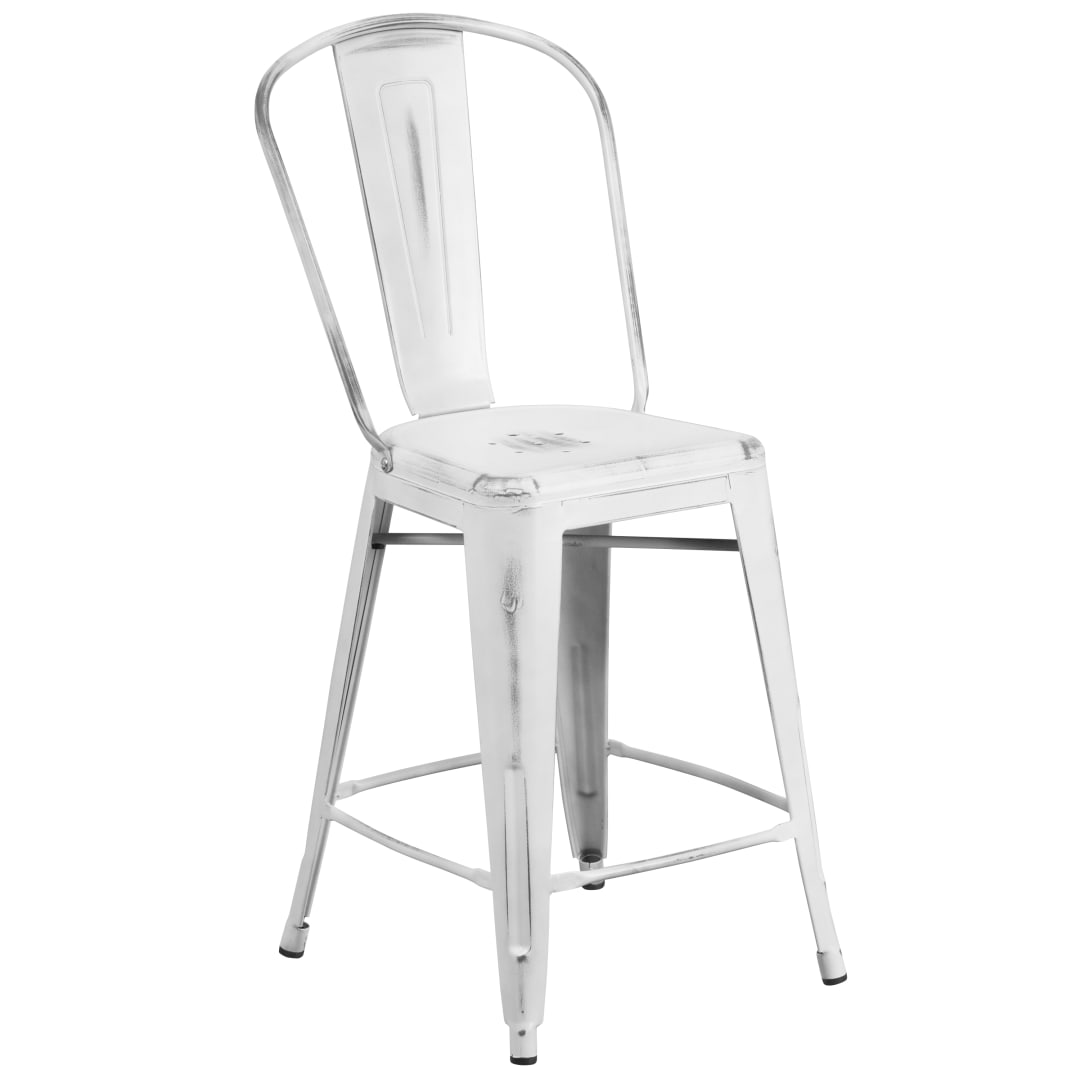 Carly Commercial Grade 24" High Distressed White Metal Indoor-Outdoor Counter Height Stool with Back