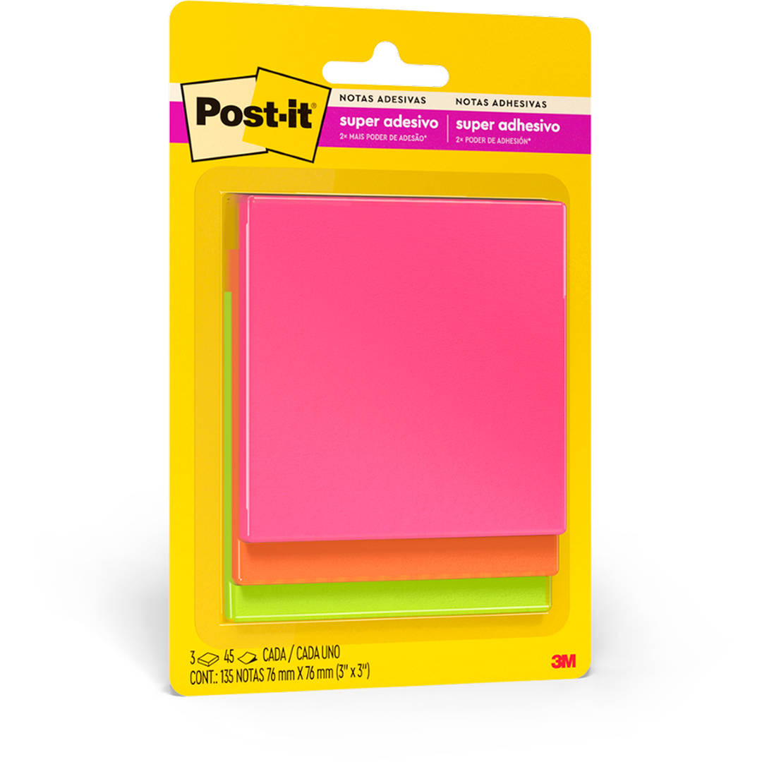 Bloco de Notas Super Adesivas Post-it® Cascata, 7.6 cm x 7.6 cm, 3 Blocos, 45 Folhas/ Bloco
