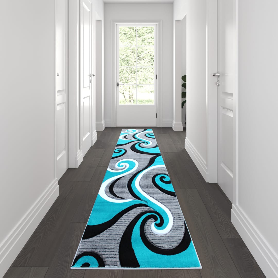 Athos Collection 3' x 10' Turquoise Abstract Area Rug - Olefin Rug with Jute Backing - Hallway, Entryway, or Bedroom