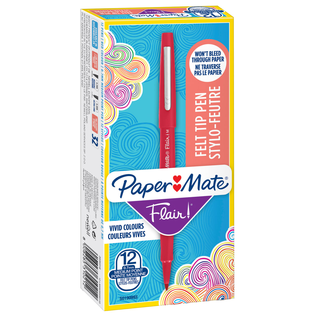 Paper Mate Flair rotuladores de punta de fieltro | punta mediana (0.7 mm) | rojo | caja de 12