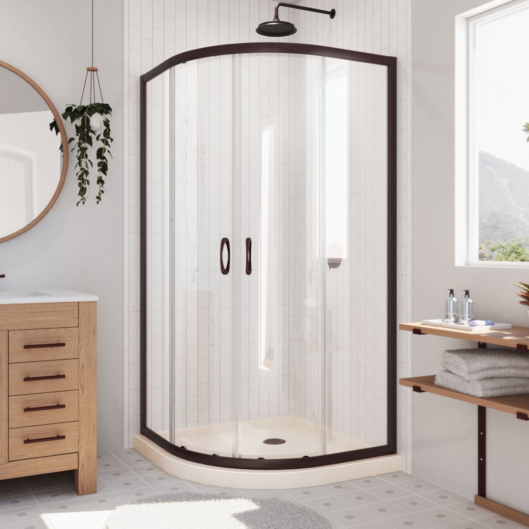 DreamLine Prime 33 inch D x 33 inch W x 74 3/4 inch H Semi-Frameless Sliding Clear Shower Enclosure in Oil Rubbed Bronze with Biscuit Shower Base Kit