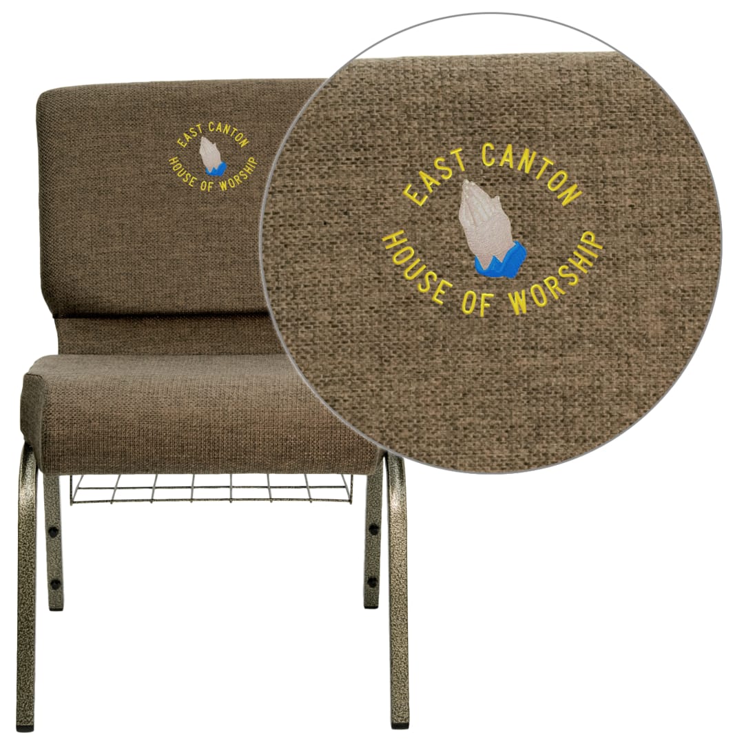 Embroidered HERCULES Series 21''W Church Chair in Brown Fabric with Cup Book Rack - Gold Vein Frame