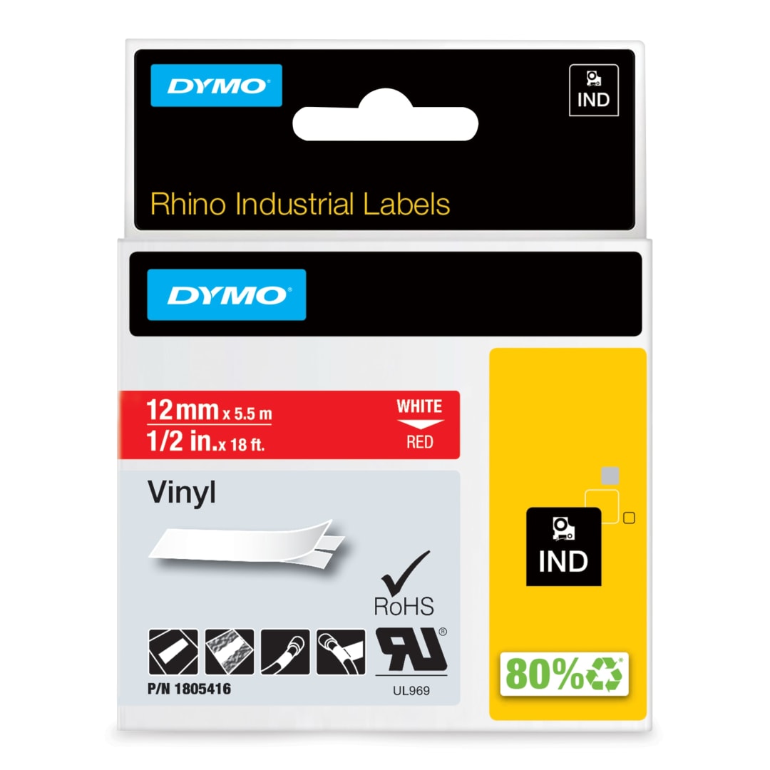 DYMO® Rhino Industrial Vinyl Labels, 1/2", White Print on Red Tape