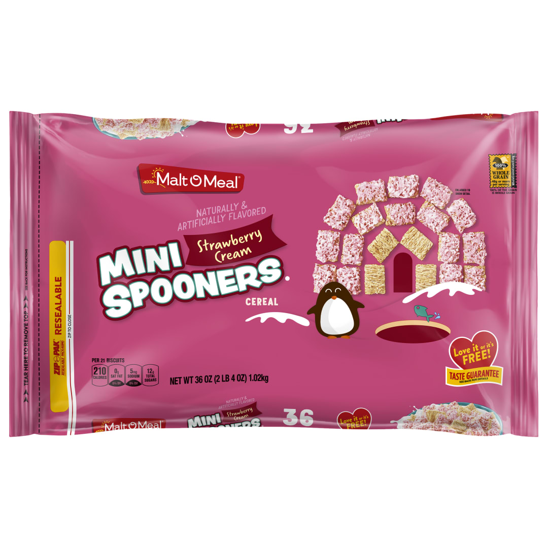 Malt-O-Meal Strawberry Cream Mini Spooners Shredded Wheat Cereal, Frosted Breakfast Squares, 36 oz