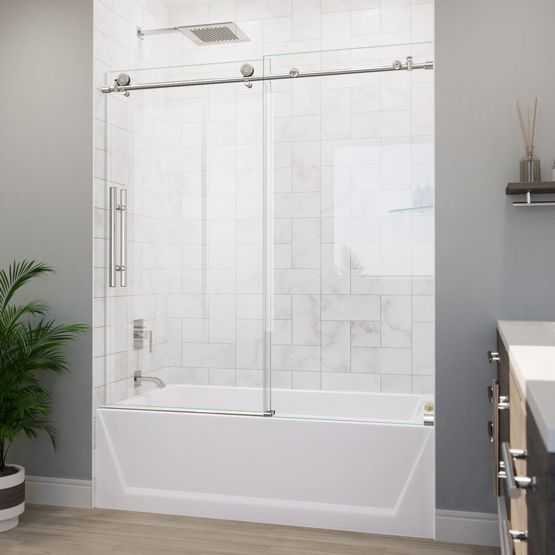 DreamLine Enigma-X 55 - 59 inch W x 62 inch H Frameless Sliding Tub Door in Polished Stainless Steel