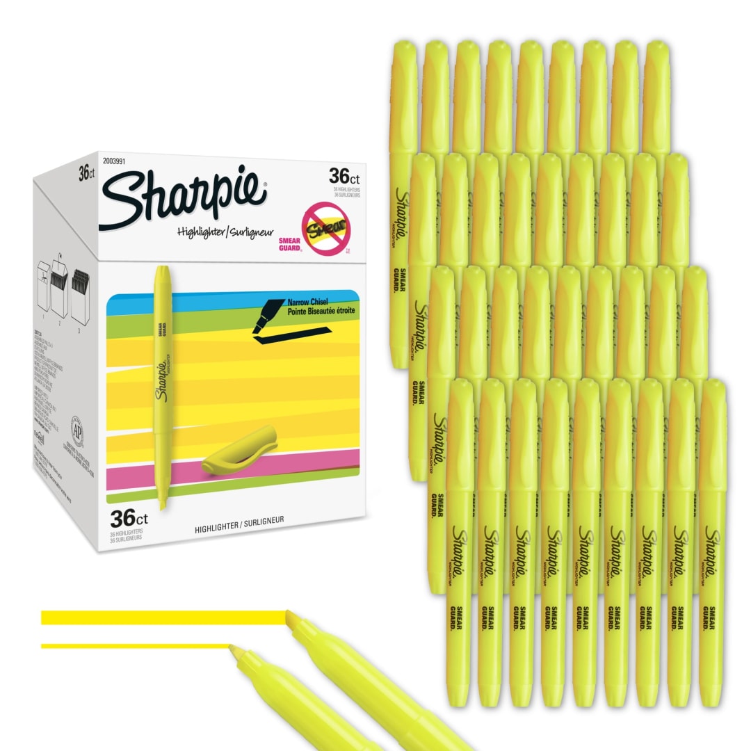 Sharpie® Pocket Highlighters, Chisel Tip, Fluorescent Yellow, 36 Count