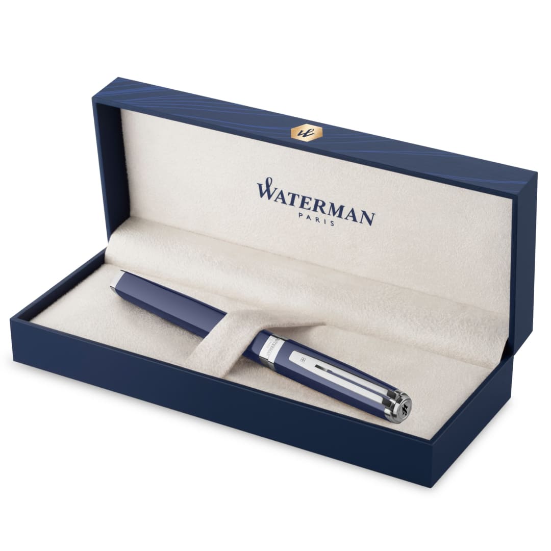 Waterman Exception, Fountain Pen, Blue Lacquer with Palladium trim, 18K Gold Fine Nib, Blue Ink, Gift Box