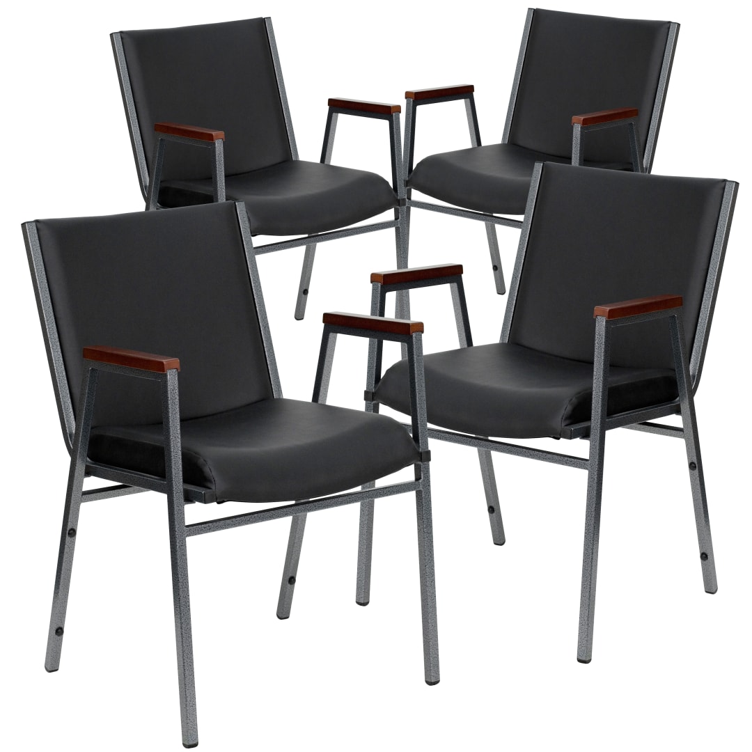 4 Pack HERCULES Series Heavy Duty Black Vinyl Stack Chair with Arms