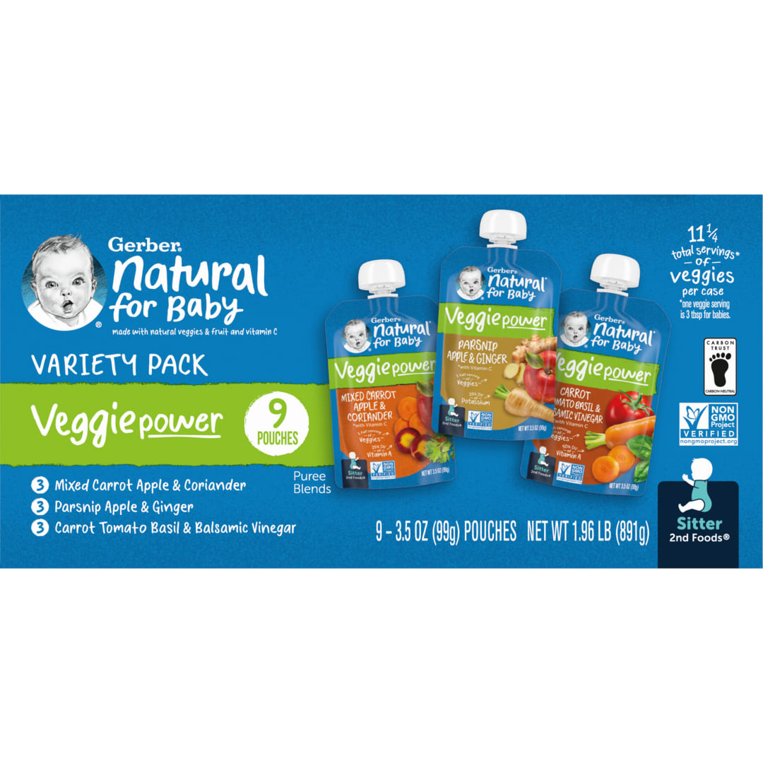 Gerber Stage 2 Baby Food, Variety Pack 3 Flavors, 3.5 oz Pouch (9 Pack)