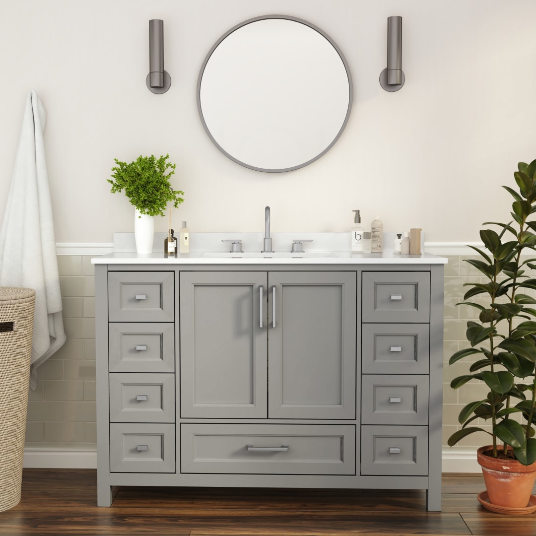 Vega 48 Inch Bathroom Vanity with Sink, Storage Cabinet with Soft Close Doors, and 9 Drawers, Carrara Marble Finish Countertop, Gray