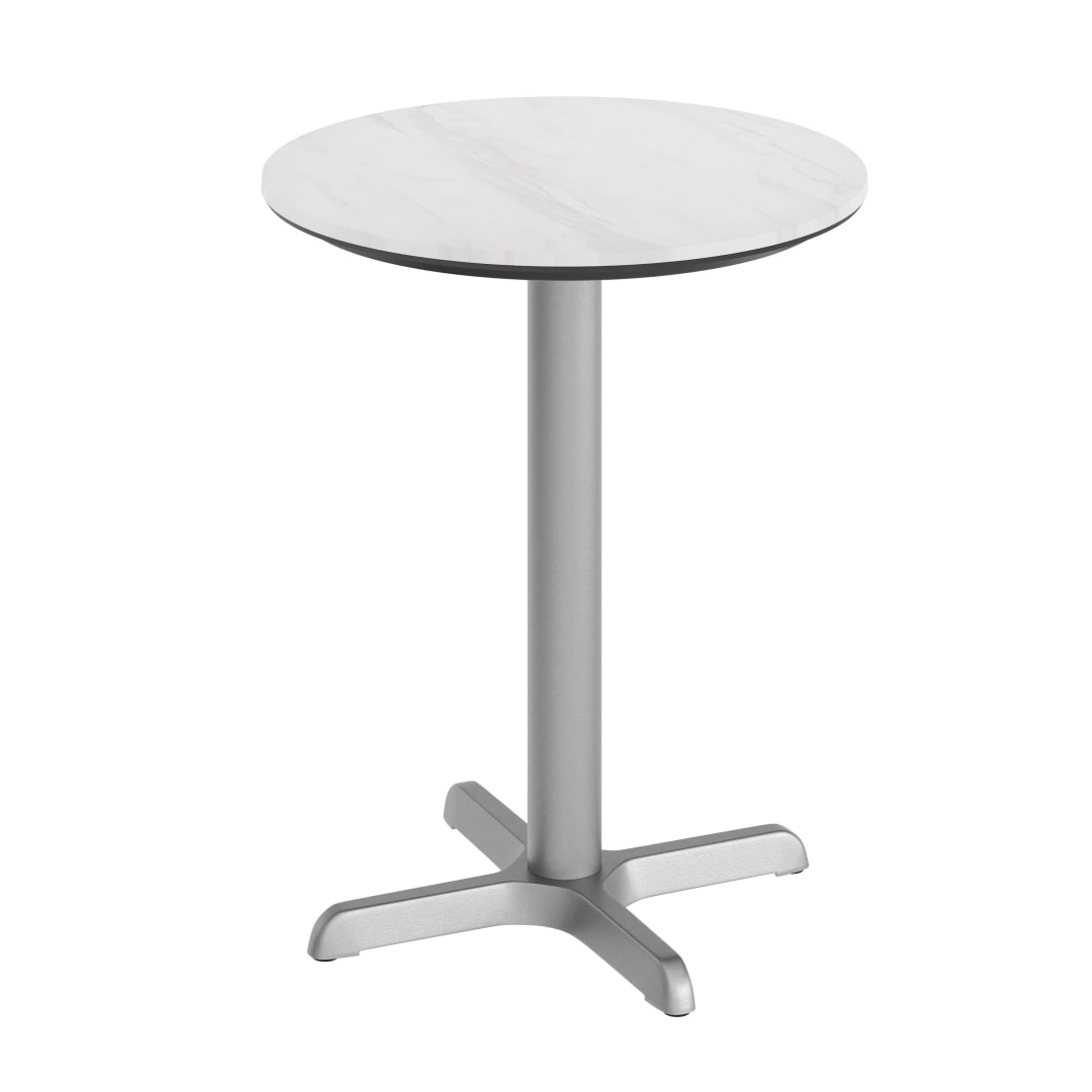 Acadia 24" Round Indoor Outdoor Tabletop in White Faux Marble with TopGuard HPL Technology and 22" x 22" Silver X-Base