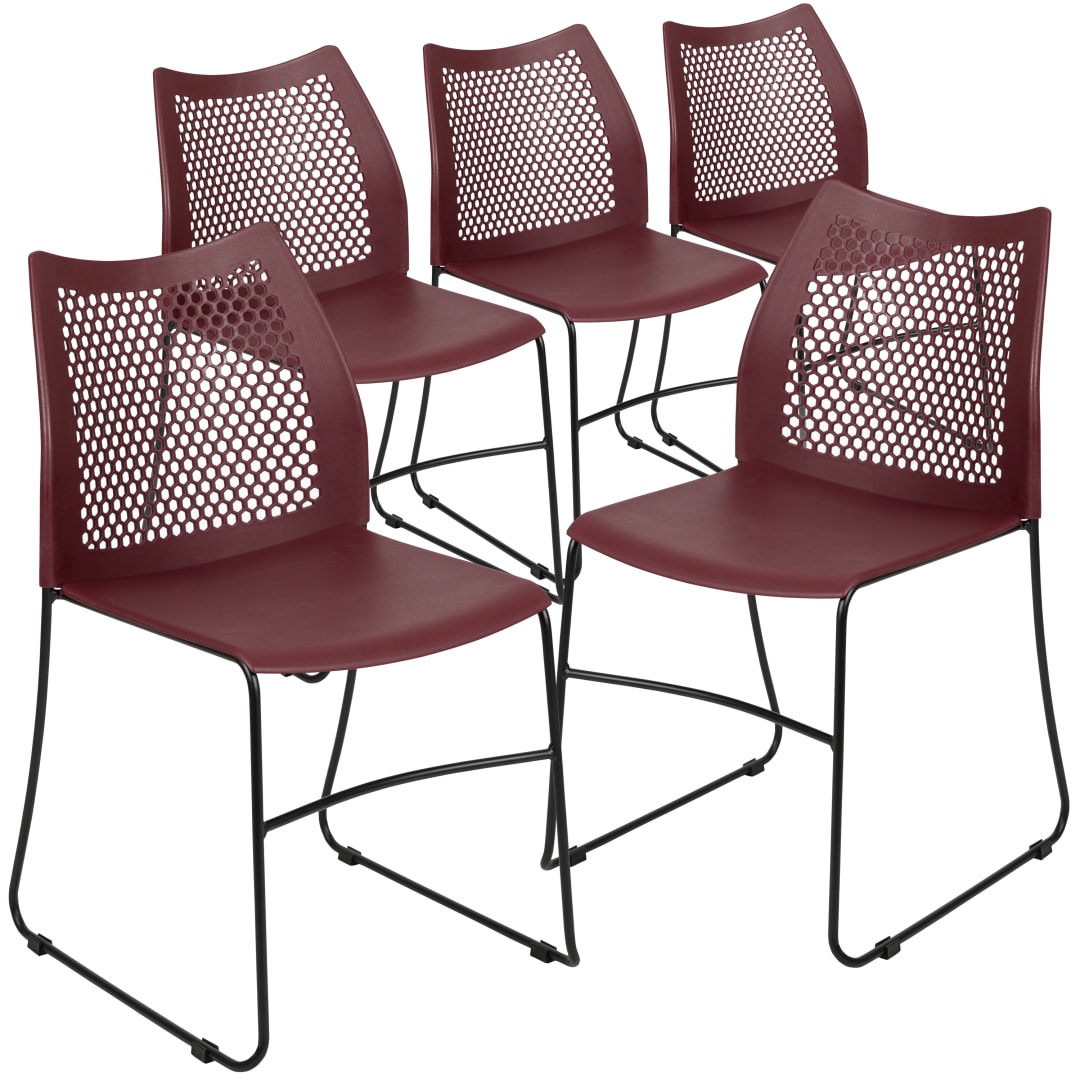 HERCULES Series 5 Pack 661 lb. Capacity Burgundy Stack Chair with Air-Vent Back and Black Powder Coated Sled Base