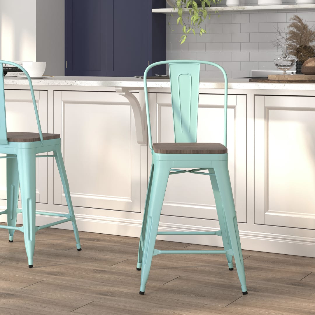 Carly 24" High Mint Green Metal Counter Height Stool with Back and Wood Seat