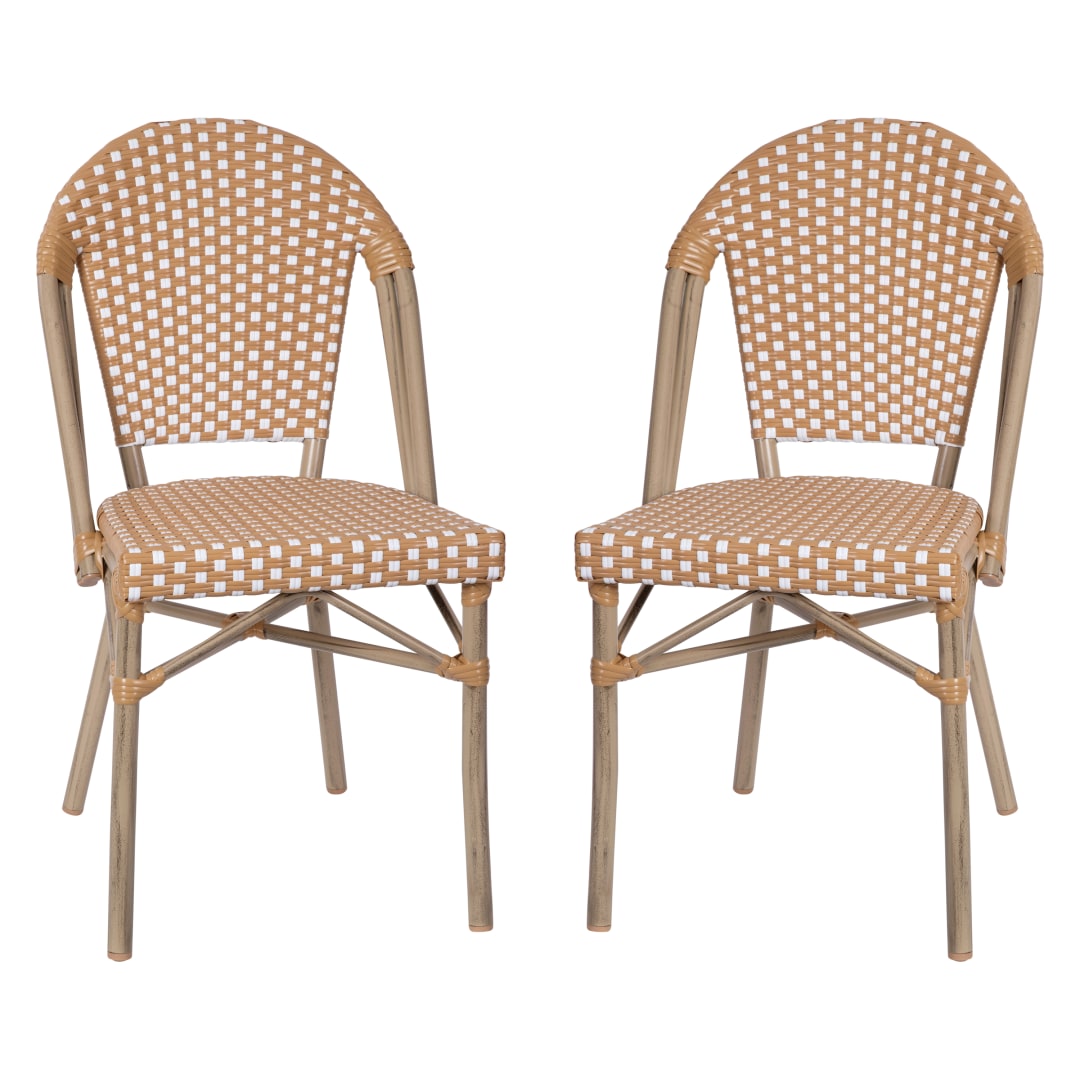Lourdes Set of 2 Indoor/Outdoor Commercial Bistro Stack Chairs, Natural/White PE Rattan Back & Seat, Bamboo Print Light Natural Aluminum Frame