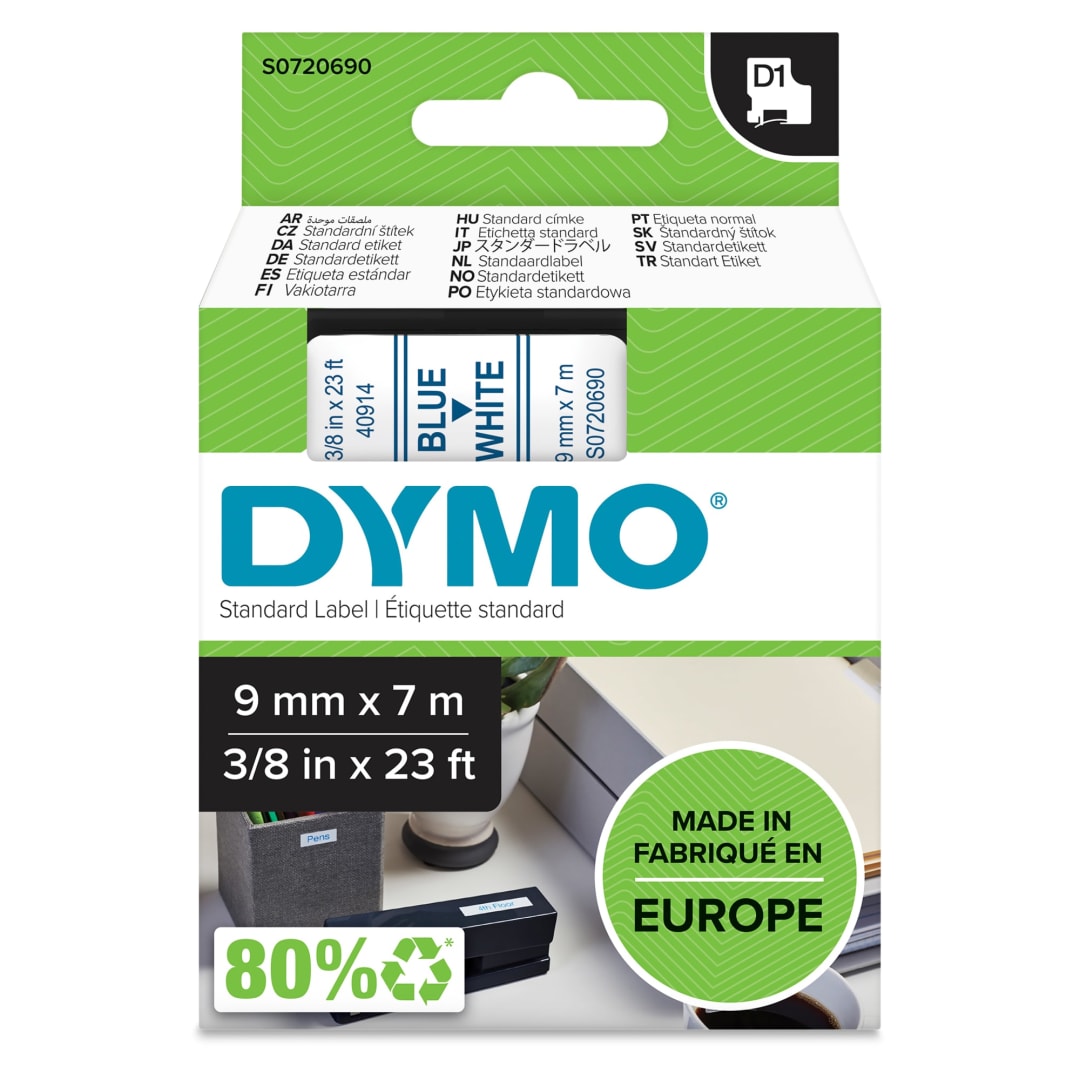 DYMO® Authentic D1 Labels | Blue Print on White Tape | 9 mm x 7 m | Self-Adhesive Labels for LabelManager Label Makers | Made in Europe